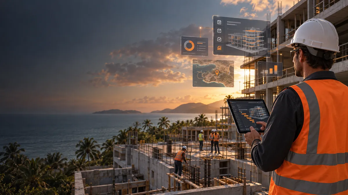 Supervisor de construcción utilizando una plataforma digital en una obra costera.