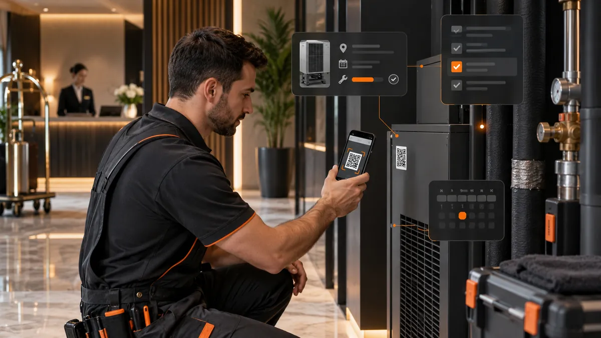 Técnico de mantenimiento consultando un activo mediante código QR.