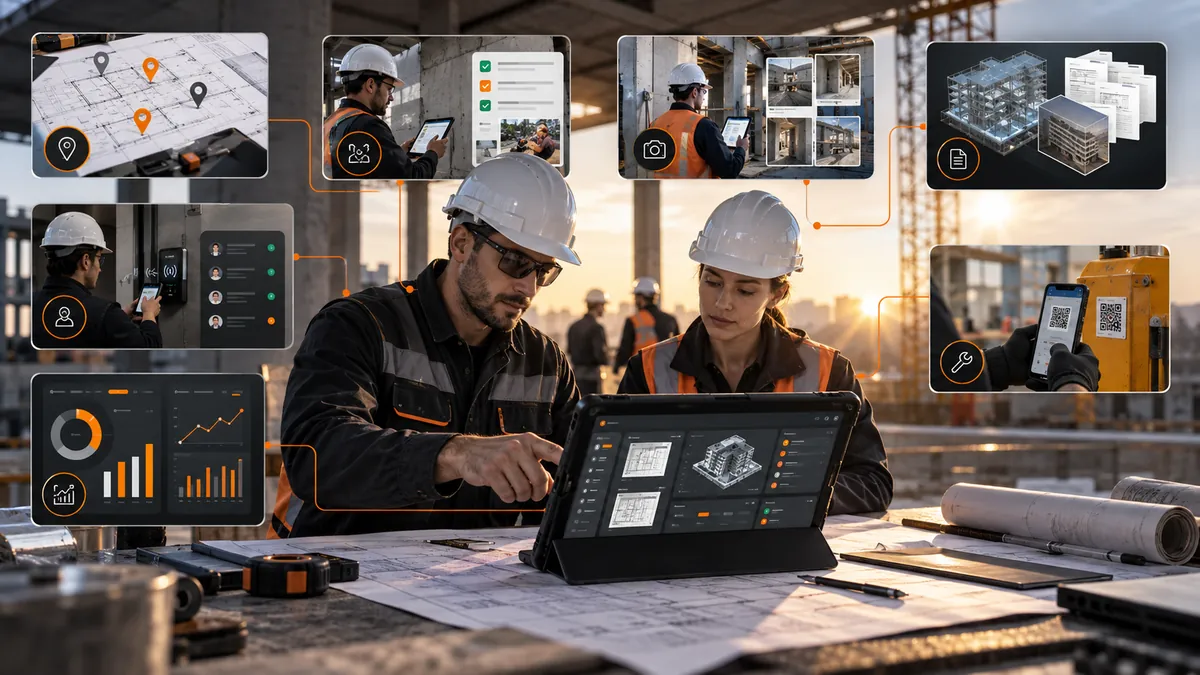 Director de proyecto y colega revisando el dashboard de ABC SiteControl junto a una obra en construcción.